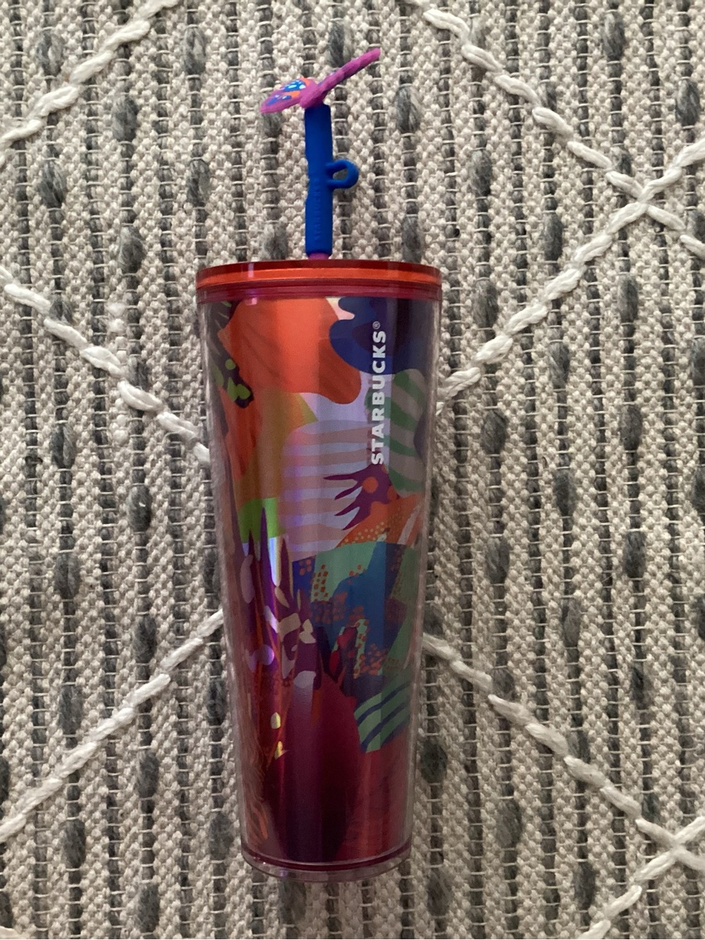 Starbucks Red and Blue Abstract Floral Tumbler with Decorative Straw